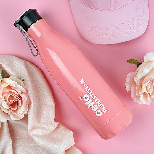 Cello Puro Steel-X Neo 900 | Cold Water Bottle with Inner Steel and Outer Plastic | Best Usage for Office/School/College/Gym/Picnic/Home/Fridge | 720ml, Pink