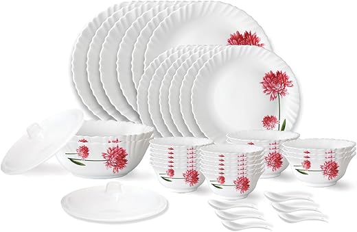 Larah by Borosil Belle Fluted Series Opalware Dinner Set | 40 Pieces for Family of 6