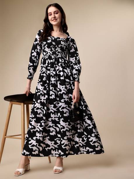 Women Fit and Flare Black, White Dress