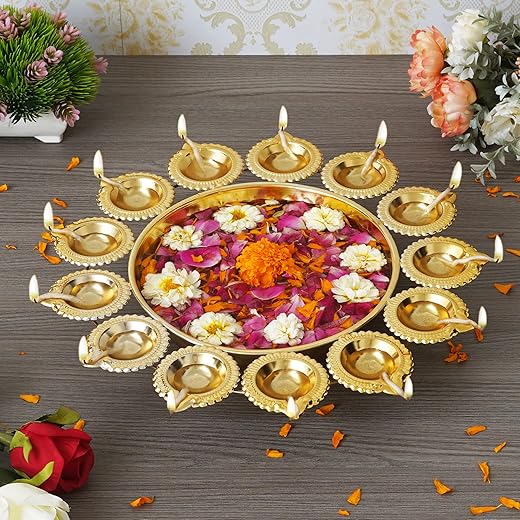 Webelkart Diya Shape Gold Polish Flower Decorative Urli Bowl for Home Handcrafted Bowl for Floating Flowers and Tea Light Candles Home,Office and Table Decor| Diwali Decoration Items ( 14 Inches)