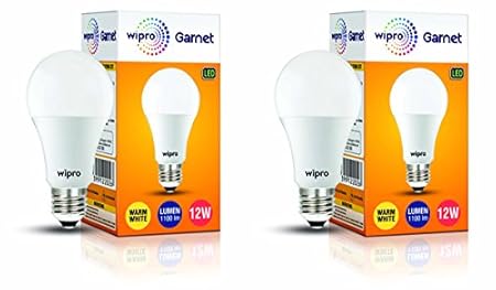 wipro Garnet 12W LED Bulb for Home &amp; Office |Warm White (2700K) | E27 Base|220 degree Light coverage |4Kv Surge Protection |400V High Voltage Protection |Energy Efficient | Pack of 2