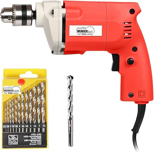 WONDERCUT WC-ED-10-R-CMB Drill Machine 10mm With Free 13Pcs HSS Drill Bits &amp; 1Pc Masonary Bit Combo, Red