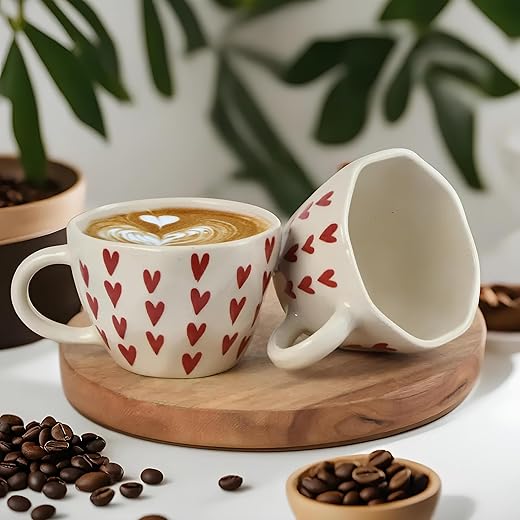 Zara Decor Center | Ceramic Handpainted Heart Mug | Coffee Mug, Heart Cup | Tea Cup, Mug for Coffee  | 300 ml (Pack of 2)