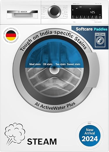 Bosch 9kg 5 Star Anti Stain &amp; AI Active Water Plus Fully Automatic Front Load Washing Machine with Built in Heater (WGA14200IN, Pretreatment &amp; Steam with Anti Bacteria and 5 Star Inverter, White)