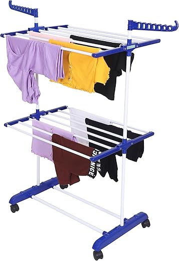 FLIPZON Premium Clothes Stand for Drying with Wheels | Portable | 2 Layer Rack for Balcony | Foldable Wings | 14 Hanger Rods | Alloy Steel &amp; Plastic (White &amp; Blue)