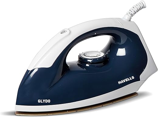 Havells Glydo 1000 watt Dry Iron With American Heritage Non Stick Sole Plate, Aerodynamic Design, Easy Grip Temperature Knob &amp; 2 years Manufacturer Warranty. (Charcoal Blue)