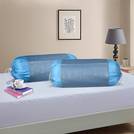 Kuber Industries (Set of 2) 16x30 Inches Aesthetic Bolster/Side Pillow Cover | Washable Cylindrical Takiya &amp; Round Pillow Cover for Home Decoration | Golden Swiss Print - Firozi