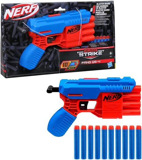 Nerf Alpha Strike Fang Qs-4 Toy Blaster, Fire 4 Darts in A Row, 10 Nerf Darts, Gift Toys for Kids Teens&amp;Adults, Toy for Boys, Birthday Gift Toy Ages 8+,Best Xmas Gift,Multicolor