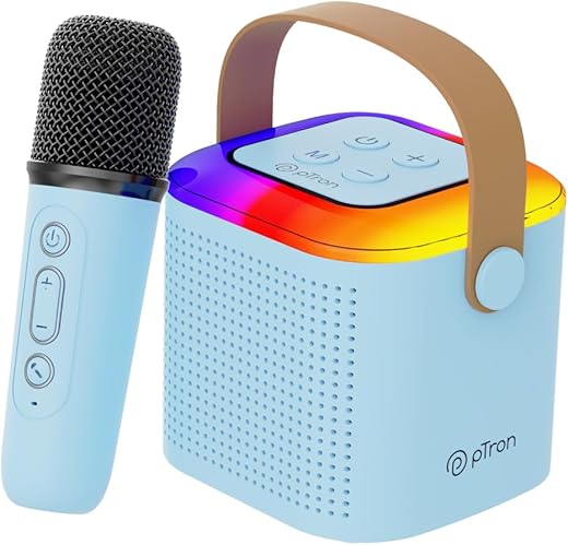 pTron Newly Launched Fusion Tunes 10W Mini Bluetooth Speaker with Wireless Karaoke Mic, 8Hrs Playtime, Vivid RGB Lights, Voice Effects, Multi-Play Modes BT5.1/TF Card &amp; Type-C Charging Port (Blue)