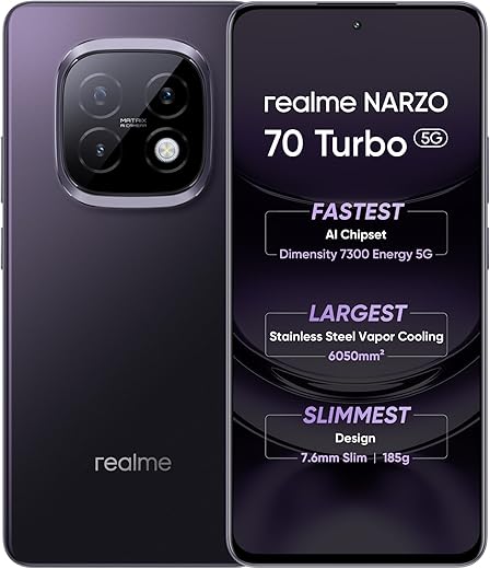realme NARZO 70 Turbo 5G (Turbo Purple,6GB RAM,128GB Storage) | Segment's Fastest Dimensity 7300 Energy 5G Chipset | Motorsports Inspired Design