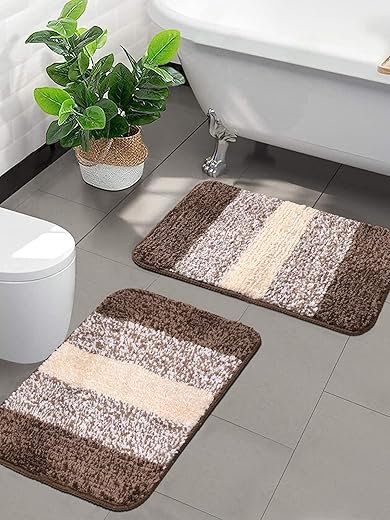 Saral Home Microfiber Striped Rectangle Shaped Anti-Skid Bath Mats | Soft &amp; Super Absorbent Mats for Shower | Washable, Non-Slip &amp; Quick-Drying Mats, 35x50 CM | Pack of 2 (Brown)