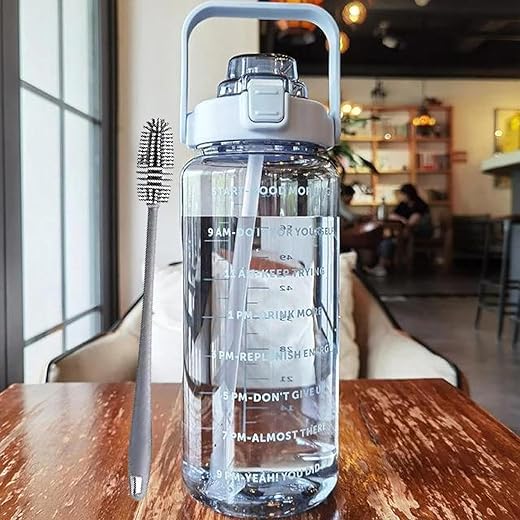 Darkpyro 2L Capacity Belt Straw Transparent Motivational Water Bottle for Office, School, College Gym&amp;Sports Time Marker Leak Proof &amp; Break-Proof comes with Silicon Brush BPA-Free, Multicolor, Plastic