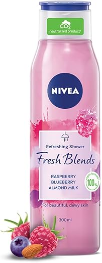 Nivea Fresh Blends Raspberry with Natural Fruit Extracts, Vegan Body wash, Fruity Shower Gel for Women with Blueberry and Almond Milk, 300ml