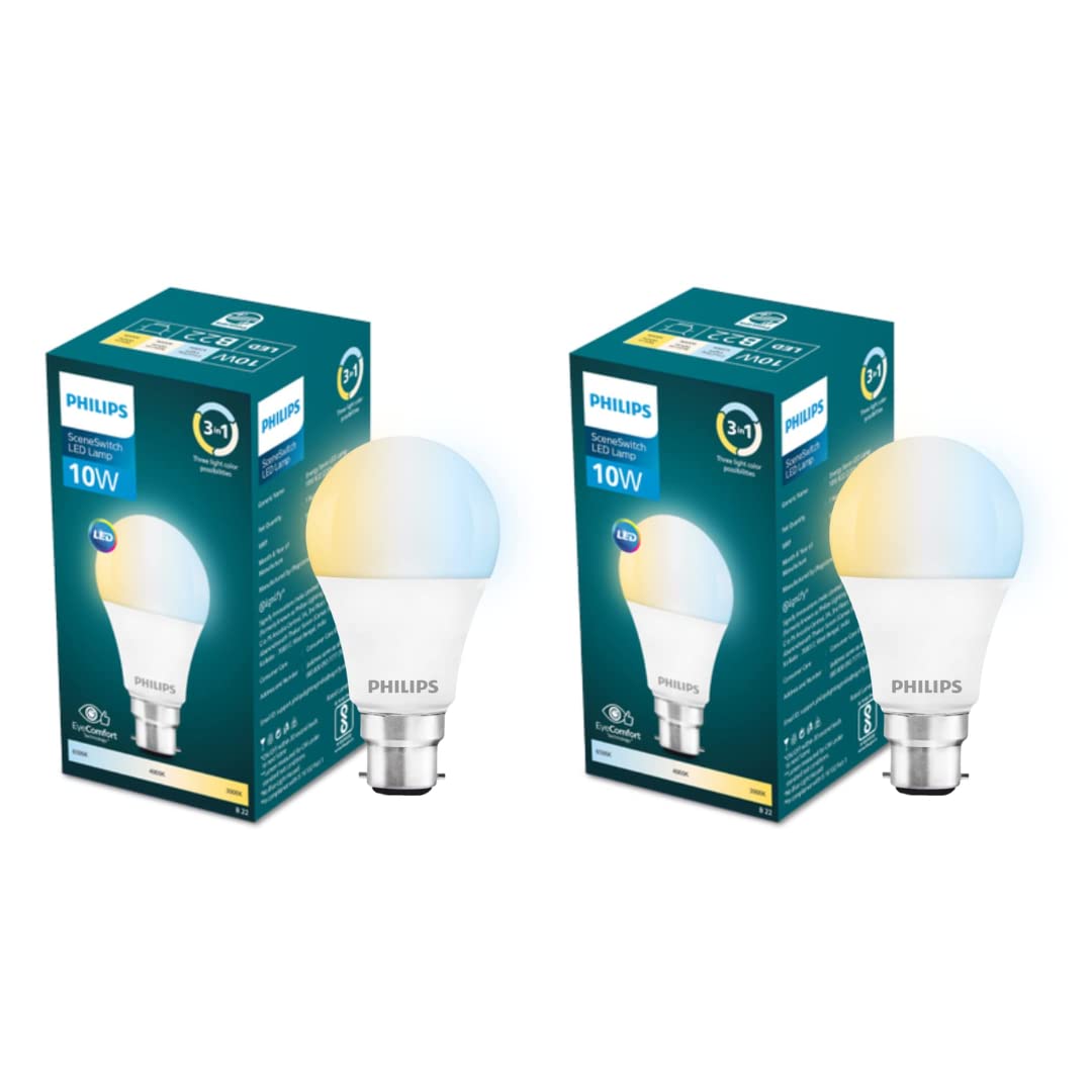 PHILIPS 10-watt LED Bulb | 3 Colors in 1 LED Bulb | Scene Switch Bulb for Home &amp; Decoration | Color: Tunable White, Pack of 2