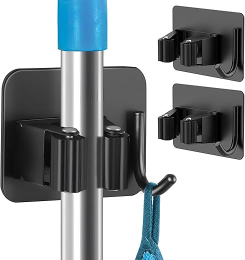 SHITHI 2 Pieces Broom &amp; Mop Stick Holder Wall Mounted Stainless Steel 1 Rack with 1 Hook for Home, Kitchen, Laundry, Garden, Laundry &amp; Garage