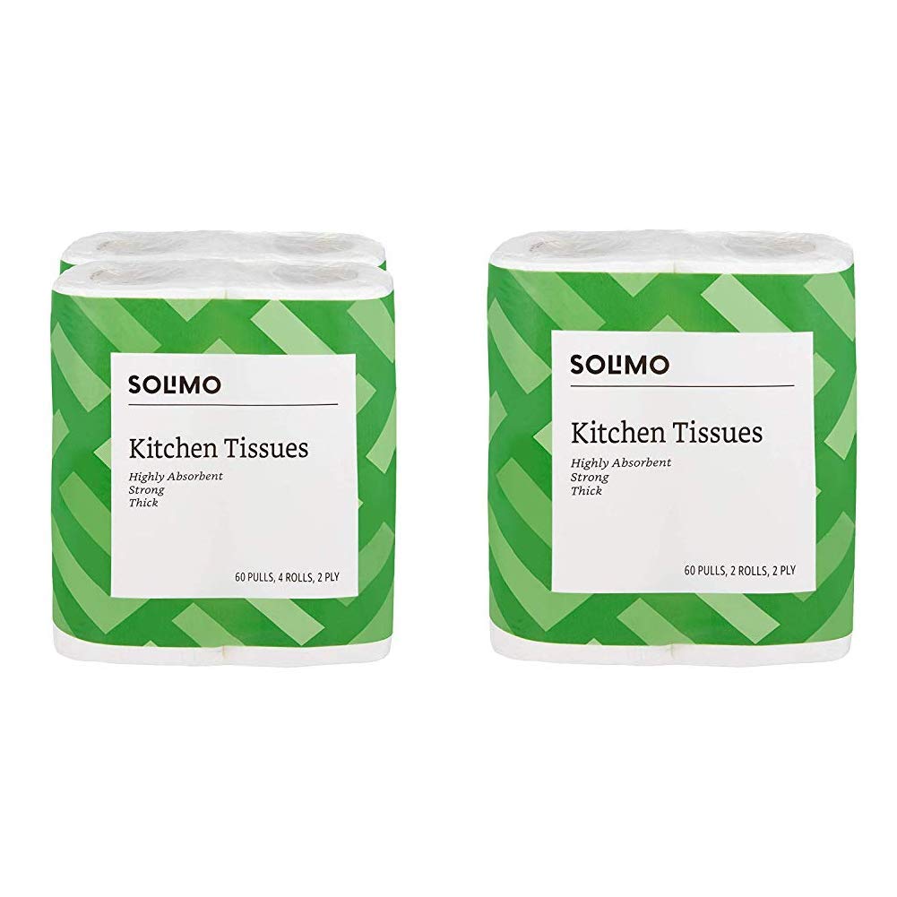 Amazon Brand - Solimo 2 Ply Kitchen Tissue Paper Roll - 4 Rolls (60 Pulls Per Roll)