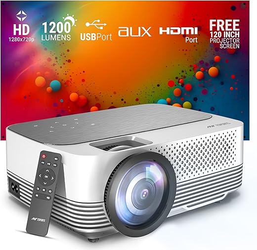 Ant Esports View 511 Multimedia LED Projector - Daisy White | 720P Native &amp; 4K Support I 1200 Lumens I Remote Control I AV/HDMI/USB I Upto 120" Max Screen I Built-in Speaker, Included 120" Screen