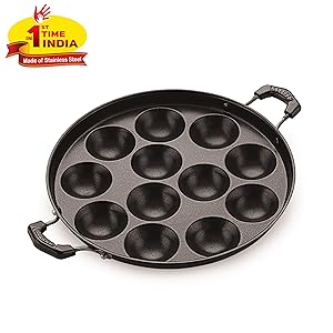 BMS Lifestyle Health-Pro Stainless Steel Non-Stick 12 Cavity Appam Patra Side Handle with lid , Black Rs.419