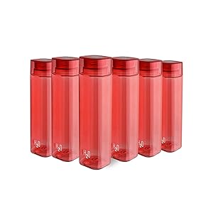 Cello H2O Squaremate Plastic Water Bottle, 1-Liter, Set of 6, Red