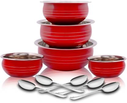 Classic Essential Red Coloured Handi, 5 Pcs set, 12cm, 14cm, 750ml,16cm, 18cm, 20cm(350ml,550ml,1200ml,1650ml) Cookware Set  (Stainless Steel, 10 - Piece)
