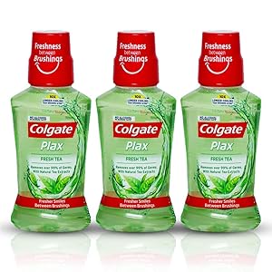 Colgate Plax Antibacterial Mouthwash, 10X longer cooling, 24/7 Fresh Breath, with Natural tea extracts - 3 x 250 ml (Fresh Tea)