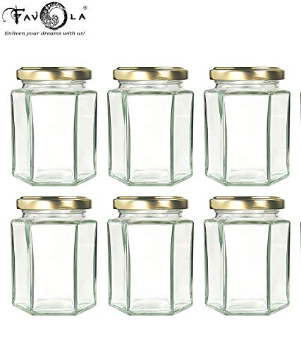 Favola Essentials Hexagonal Lug Glass Jar, Gold Lid, 250 ml, Set of 6, Clear