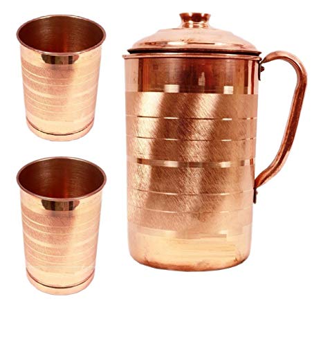 FEDUS Copper Jug with 2 Glass (2000Ml of Jug, 400ML of Each Glass)