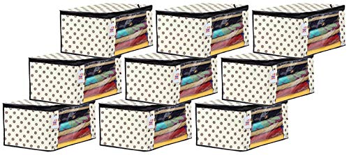 Fun Homes Polka Dots Printed 9 Pieces Non Woven Fabric Saree Cover/Clothes Organiser for Wardrobe Set with Transparent Window, Extra Large (Ivory)