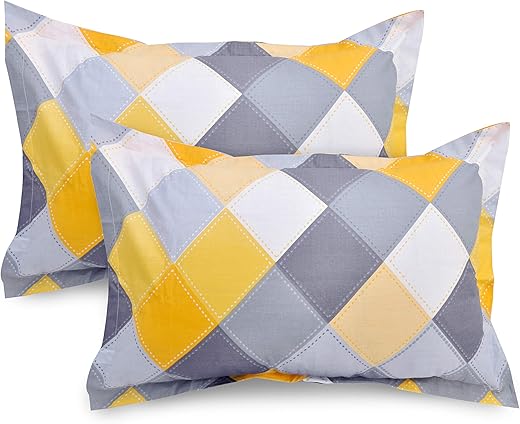 Huesland by Ahmedabad Cotton 2 Pcs Cotton Pillow Cover Set - Yellow and Grey