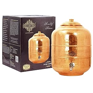 Indian Art Villa Hammered Copper Water Dispenser Stoarge Pot Matka, Kitchenware, Ayurveda Yoga, 16 Ltr