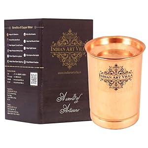 Indian Art Villa Pure Copper Glass With Lid, Plain Design Tumbler Cup For Water Storage, 300 Ml
