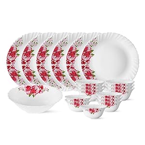 Larah by Borosil Rose Red Silk Series Opalware Dinner Set, 19 Pieces, White