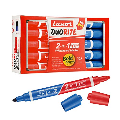Luxor Duorite 2-in-1 Bullet Tip Whiteboard Marker - Bllue & Red - Pack of 10