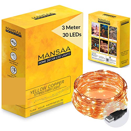 MANSAA® USB String Lights for Decoration 3M 30 LED USB Powered, Made in India, Yellow LED Light (3 mtr (1 Pack))