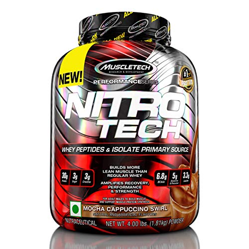 Muscletech Performance Series Nitrotech Whey Protein Peptides & Isolate (30g Protein, 3g Creatine, 6.9 BCAAs, 5.3g Glutamine & Precursor, Post-Workout) - 3.97lbs (1.8kg) (Mocha Cappuccino Swirl)