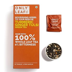 Onlyleaf Turmeric Ginger Tulsi Green Tea, 27 Tea Bags (25 Tea Bags + 2 Free Exotic Samples)