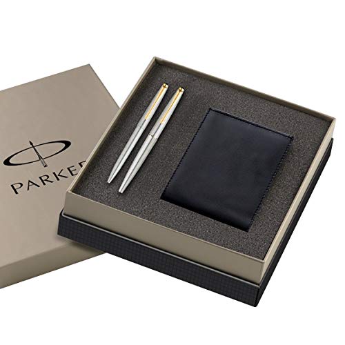 Parker Galaxy Gold Trim Roller Ball pen and Ball Pen with Free Wallet (Stainless Steel)