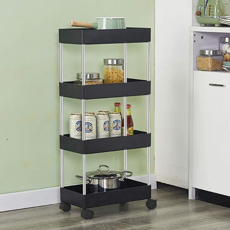 Pinkwhale 4 Compartments Plastic, Stainless Steel Storage Trolly  (Black)