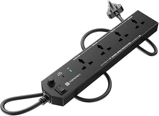 Portronics Power Plate 10 Extension Board with 4 Universal Sockets, 3 Meter Long Cord, 1500 Watts, 6 Amp Multi Plug for Office &amp; Home Appliances (Black)