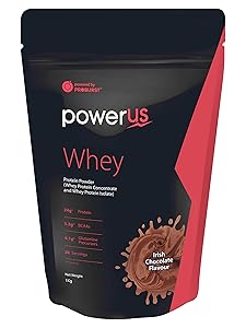 Powerus Whey Protein 1kg (Irish Chocolate), Whey Concentrate and Whey Protein Isolate with 24g Protein, 5.3g BCAA, 4.1g Glutamine