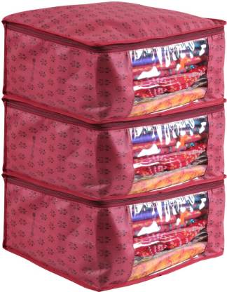 PRETTY KRAFTS Saree Cover Set of 3 Prints Big Size Wardrobe Organiser/Cloth Cover F1284_Maroon3_A  (Maroon)