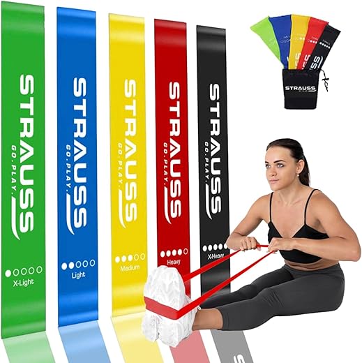 Strauss Natural Latex Resistance Loop Bands | Smell-Free &amp; Skin Friendly | (Pack of 5) Useful for HIPS, Arms &amp; Legs Workouts. Tear Resistant &amp; Anti-Slip | Theraband for Fitness &amp; Toning, Multicolor