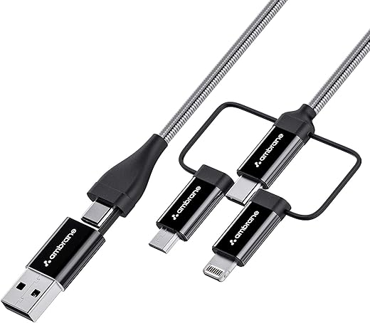 Ambrane 6-in-1 60W Fast Charging Cable with Micro, Type C &amp; iPhone Support, Compatible with all devices, PD Technology, Data Transmission, Unbreakable Braided, Tangle Free 1.5m(Hexa15, Black)
