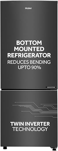 Haier 237 L, 3 Star, 8 In 1 Convertible, Twin Inverter Technology, Bottom Mounted Frost Free Double Door Refrigerator (HEB-243GB-P, GE Black)