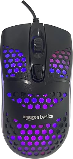 amazon basics Wired Gaming Mouse with Rainbow Backlight I 4 preprogrammed Buttons I 3600 DPI I 1.5 Cable I Colour- Black &amp; Honey Combo Design