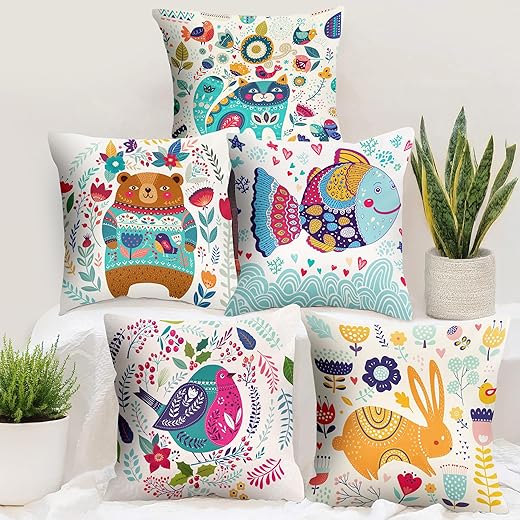 Story@Home Cushion Cover Boho Set of 5 Cartoon Digital Printed Decorative Pillow Cushion Covers - 16 in x 16 inch, Polyester, 180 TC, Multicolor