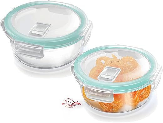 Treo By Milton Hi Borosilicate Clip Fresh Round Glass Container, Set of 2, 400 ml Each, Transparent | BPA Free | Microwave Safe/Oven Safe | Refrigerator Safe | Dishwasher Safe | Air Tight | Stackable