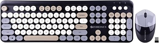 ZEBRONICS Newly launched Companion 301 2.4GHz Wireless Keyboard &amp; Mouse Combo with UV Printed, Retro Style Keys, 104 + 12 Integrated Multimedia Keys, 1600 DPI, High Precision (Black + Grey)
