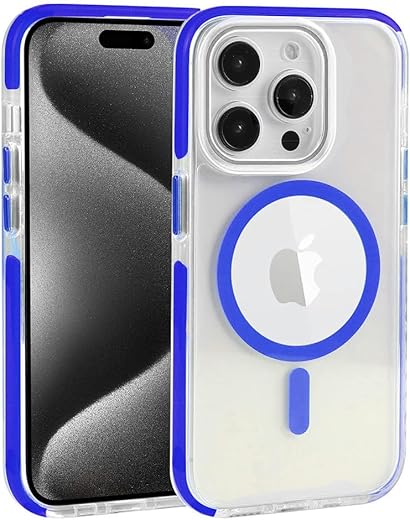amazon basics Mobile Cover for Apple iPhone 15 Pro | Compatible with MagSafe | Magnetic Case with Built-in Magnets | Slim PC &amp; TPU Cover for Apple iPhone 15 Pro (Blue)