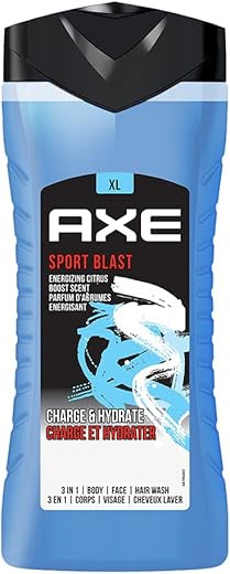 Axe Sports Blast 3 In 1 Body, Face &amp; Hair Wash for Men, Long-Lasting Refreshing &amp; Energizing Citrus Fragrance for Up To 12hrs Removes Odor &amp; Bacteria, No Parabens, Dermatologically Tested, 400ml